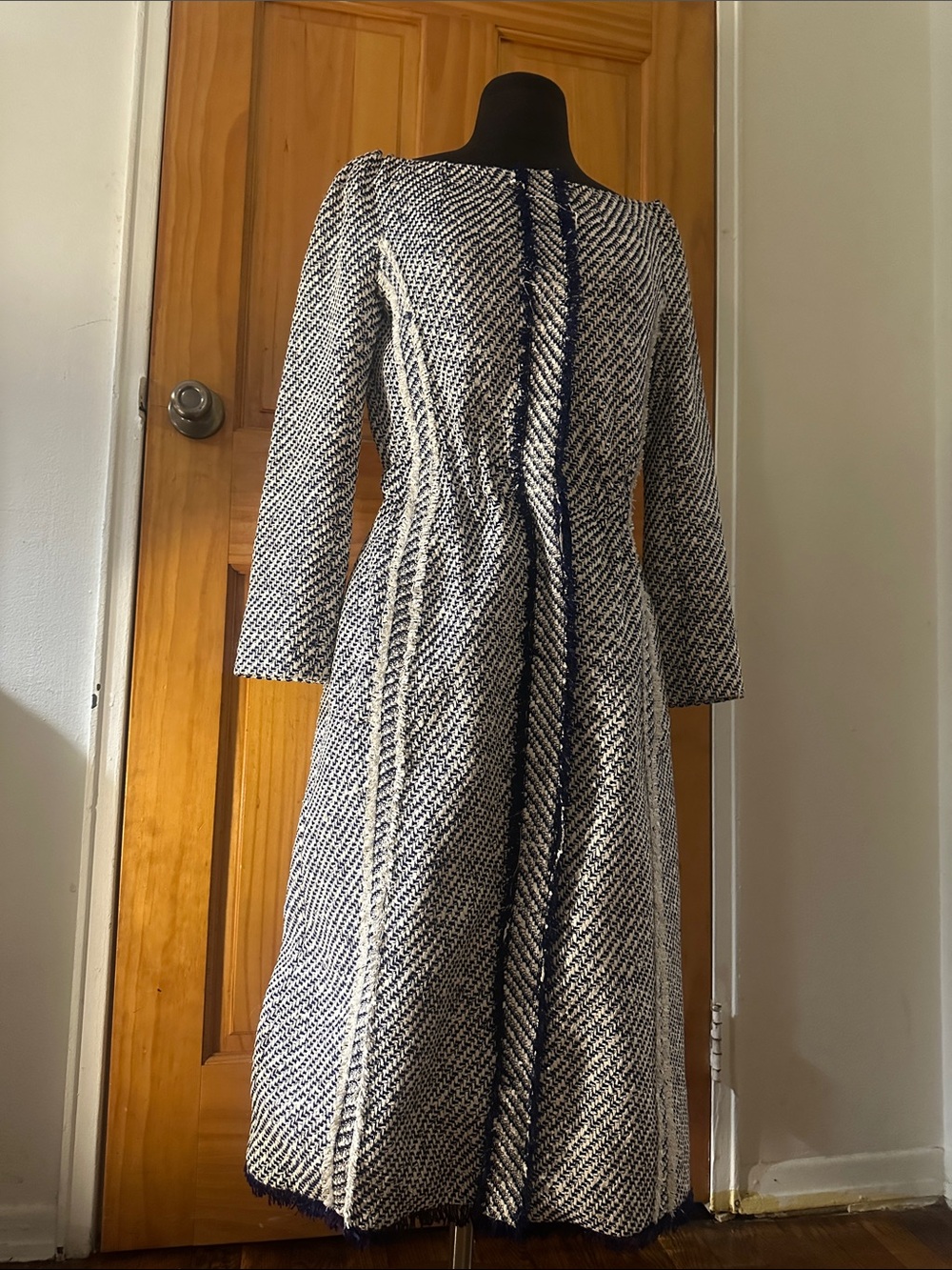 Oscar de la Renta Navy and Cream long Tweed Jacket